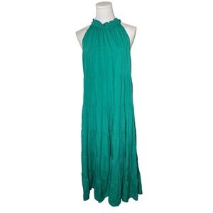 Green Tiered Maxi Dress Small Halter Tie Neck Sleeveless Flowy Resort Vacation‎